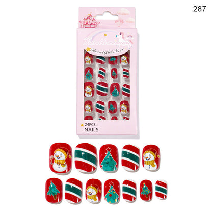 Christmas children's nail tips short wearable nail tips finished cute nail art children's nail art fake nail tips