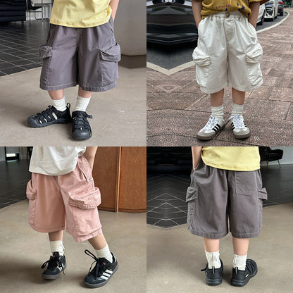 Elmo Beibei Boys 2024 Summer Twill Washed Cotton Fiveth Pants Baby Pockets Handsome Loose Overalls Trendy