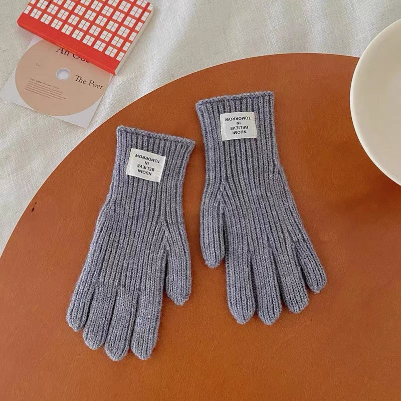 Children's 2023 winter thick wool warm color matching gloves for boys and girls baby letter label hole five-finger gloves