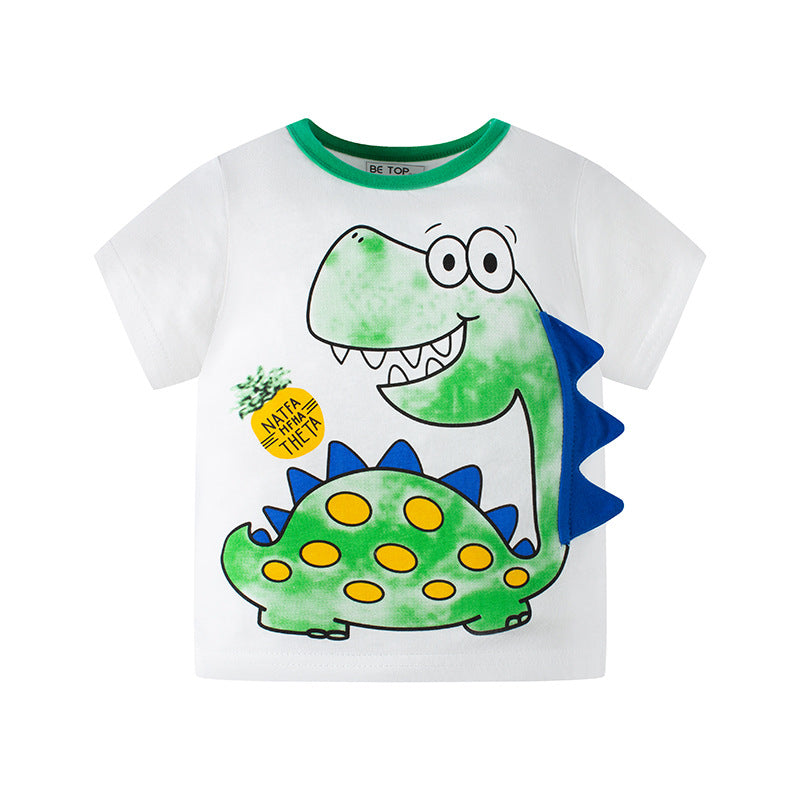 2024 New Children's Cartoon Dinosaur Boy Short-sleeved T-shirt Knitted Sweater Baby Top Cotton Children's Clothing Wholesale Trend