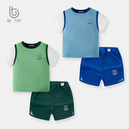 2024 new children's casual color matching two-piece shorts short-sleeved sports suit boy baby Korean version new trend