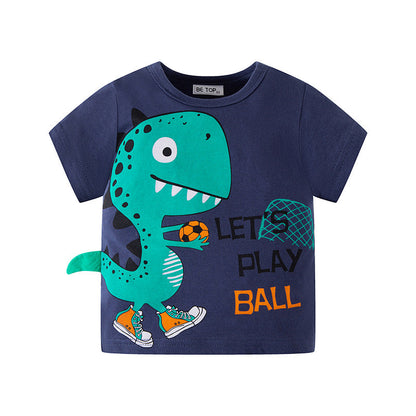 2024 new boys' cotton round neck short-sleeved T-shirt children's summer dinosaur cartoon half-sleeved T-shirt one piece for delivery