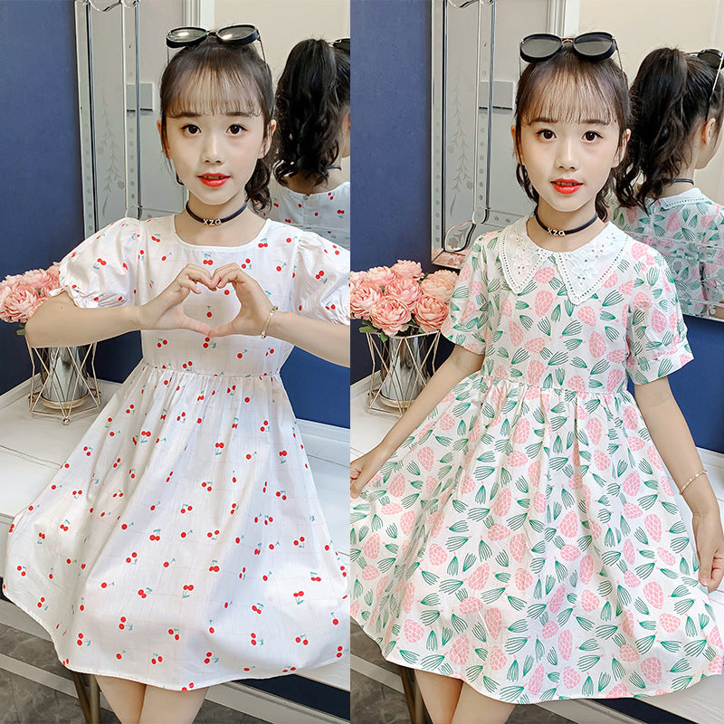 Girls dress 2024 summer new style medium and large children's short-sleeved floral dress pure cotton dress long dress sweet baby dress 