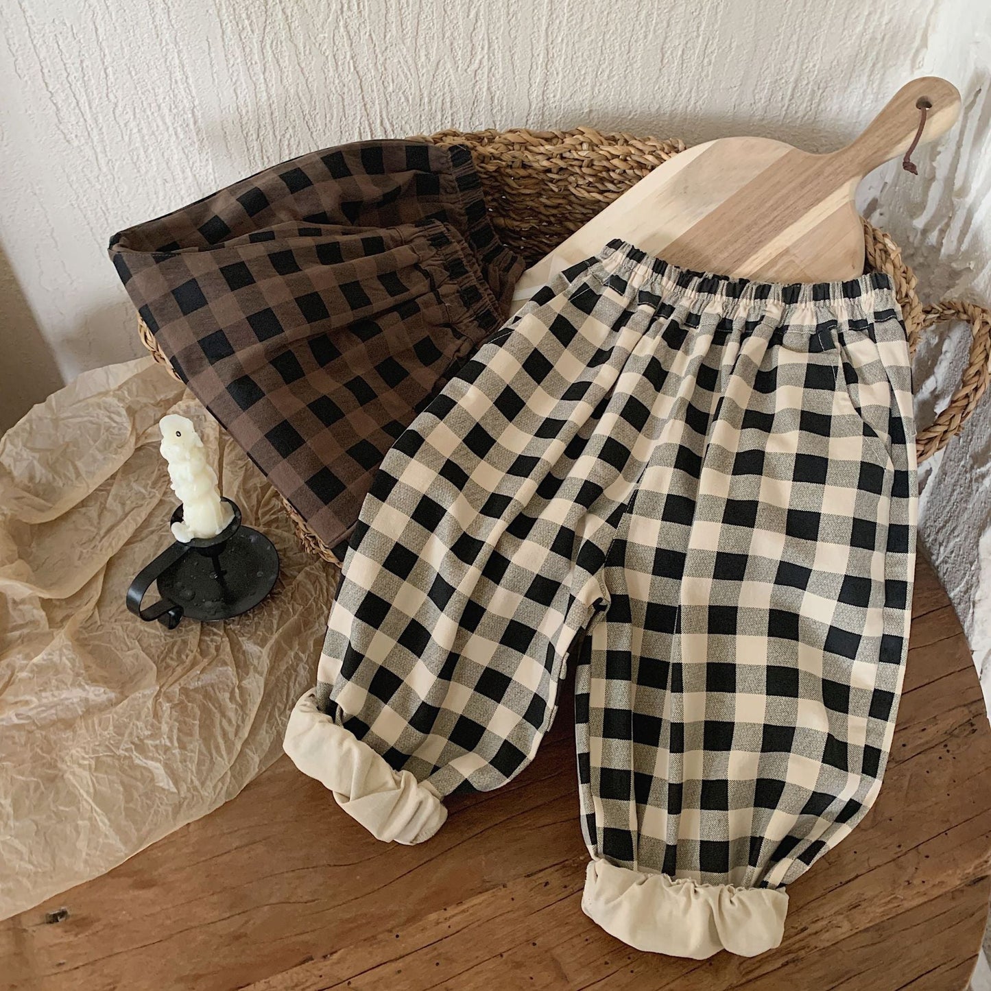 Children's trousers 2024 Bangcheng Spring Boys and Girls Korean Retro Plaid Casual Cotton Drawstring Pants Trendy F0352