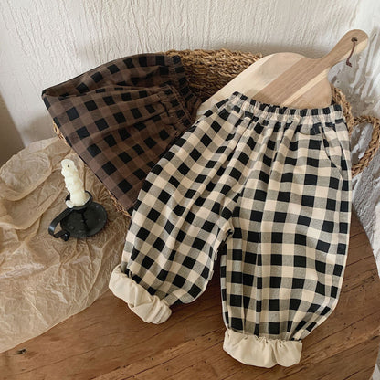 Children's trousers 2024 Bangcheng Spring Boys and Girls Korean Retro Plaid Casual Cotton Drawstring Pants Trendy F0352