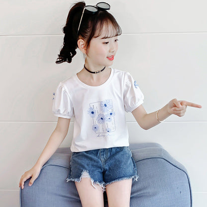 Girls short-sleeved T-shirt summer 2024 new children's trendy puff sleeve tops medium and large children's cotton printed T-shirt