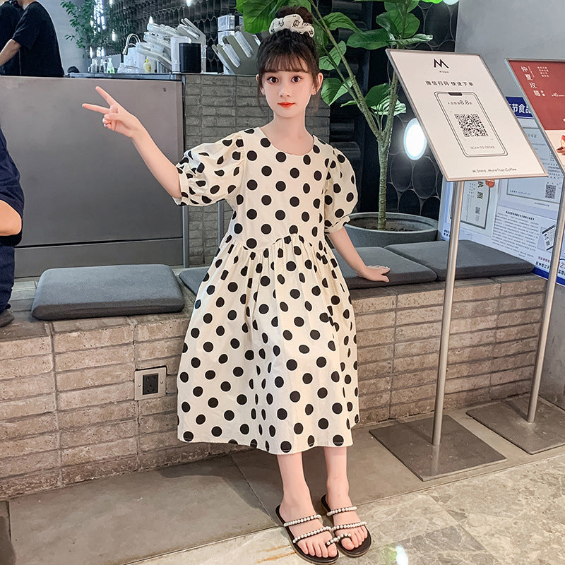 Girls summer polka dot dress polka dot puff sleeves cotton dress for middle and large children pure cotton polka dot Korean style fat wide seaside