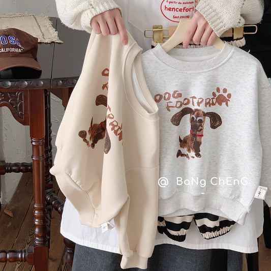 Bangcheng 24 Spring New Korean Boys and Girls Round Neck Pullover Puppy Print Sweater Children's Top G0014