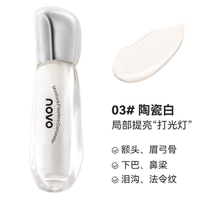 NOVO Moisturizing Flawless Concealer ជា concealer ស្រាល ផ្តល់សំណើម និងជាប់បានយូរ មិនផាត់មុខ និងបិទបាំងស្នាមអុចខ្មៅ និងស្នាមមុន។ 