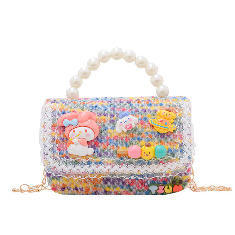 Autumn and winter stylish children's small square bag female fashion girl contrast color chain shoulder bag simple beaded handbag wholesale 