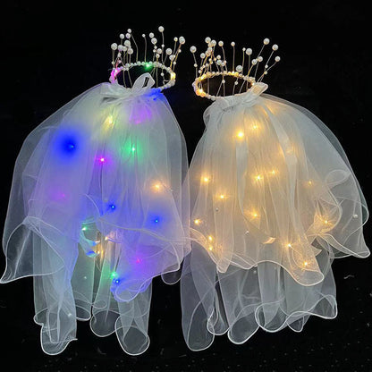 Luminous double-layer pearl veil net celebrity with light soft yarn flashing veil girl dress up tassel pearl crown headdress