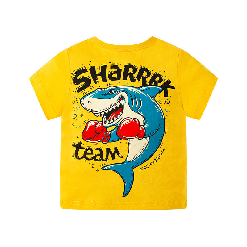 2024 Summer New Children's Cartoon Shark Printed Short Sleeve T-shirt Boys Sweatshirt Half Sleeve Manufacturer One Piece Dropshipping