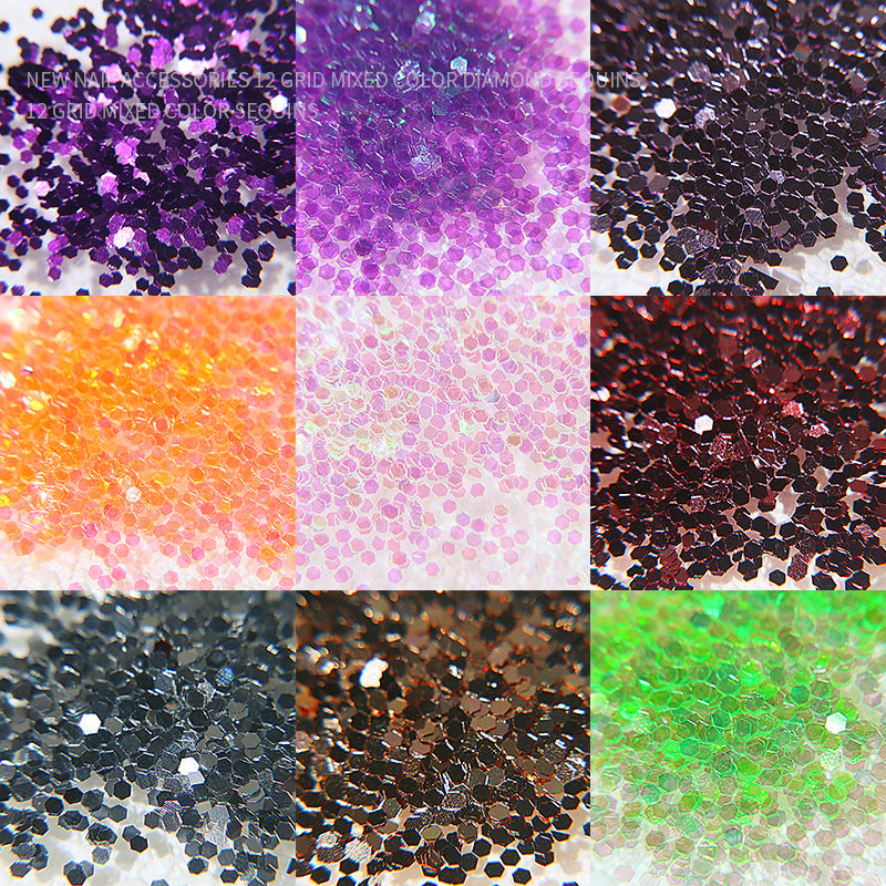 Cross-border 12-grid nail art sequins diamond hexagonal laser sequins fantasy color thin sequins nail art accessories ultra-thin diamond