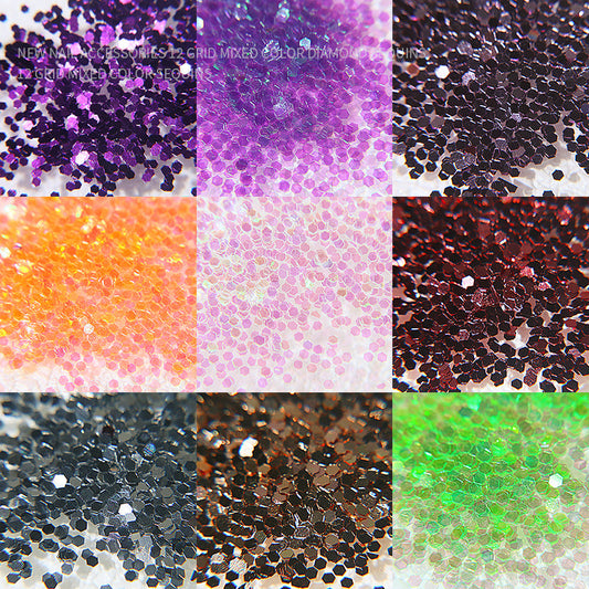 Cross-border 12-grid nail art sequins diamond hexagonal laser sequins fantasy color thin sequins nail art accessories ultra-thin diamond