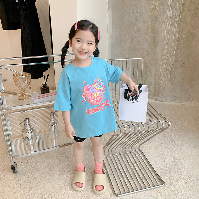 2023 summer new children's clothing girls cartoon bear short-sleeved T-shirt Korean version children's small and medium children's fashionable tops trend