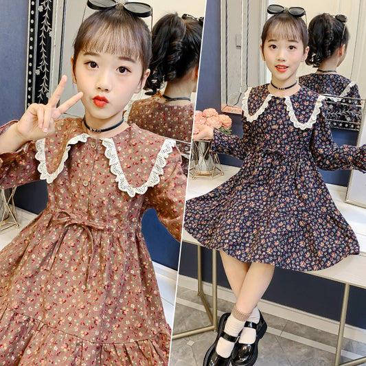 Girls dress spring and autumn 2024 new style little girl foreign style floral doll collar children's long-sleeved skirt tide spring