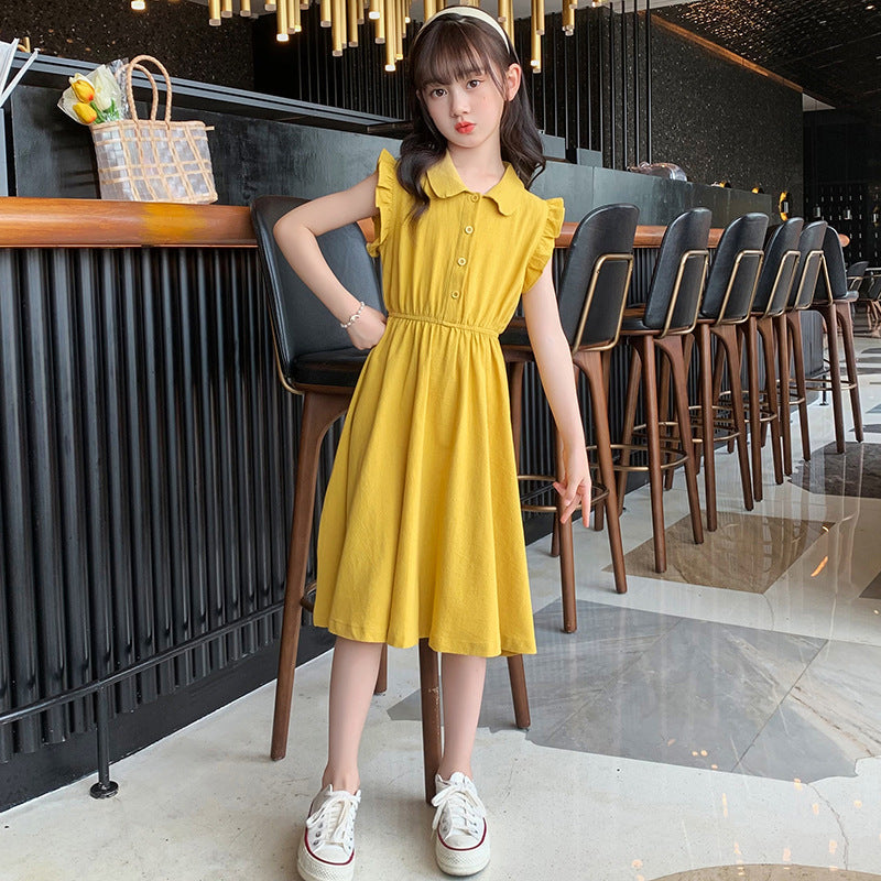 Children's summer cotton dress pure cotton skirt solid color ruffled edge flying sleeve waist slimming middle and large children's princess skirt