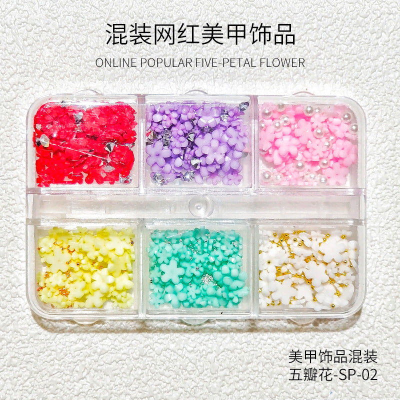 Internet celebrity popular five-petal flower nail art accessories 2023 mixed flowers new three-dimensional small flower nail diamond accessories