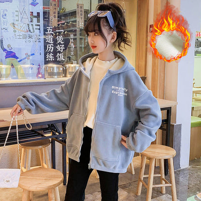 Girls winter wear 2024 new two-side-sided velvet warm-polar fleece thickened velvet cardigan jacketed រចនាប័ទ្មកីឡា