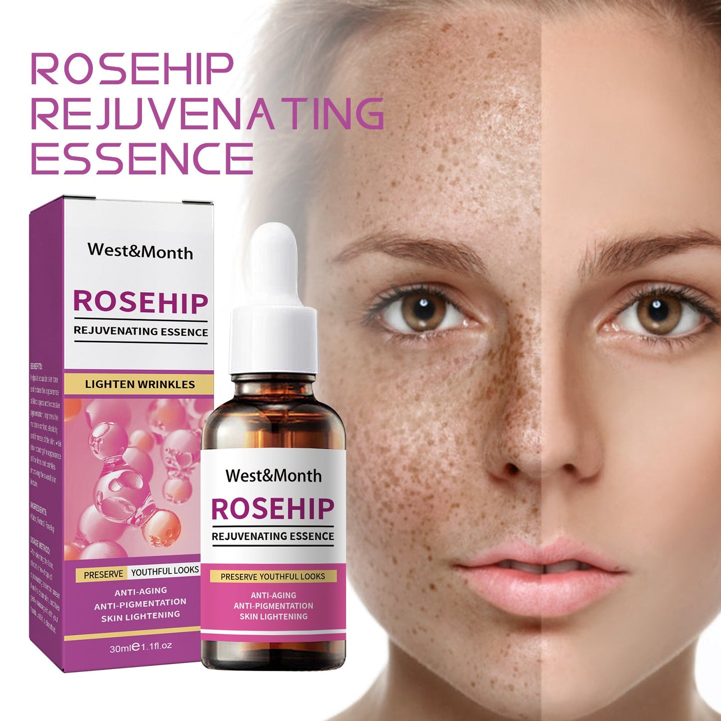 West &amp; Month Rosehip Skin Rejuvenation Essence reduces fine lines, moisturizes, tightens skin, brightens skin spots 