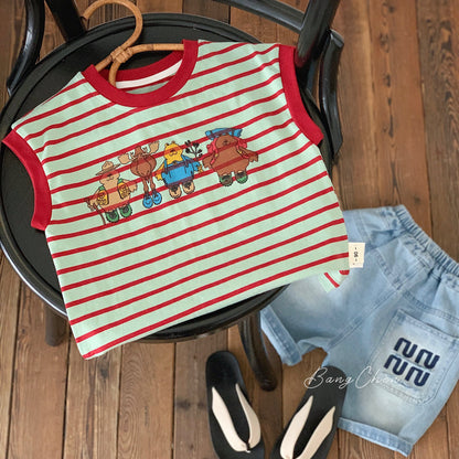 Children's vest Bangcheng 2024 summer boys cartoon print striped sleeveless T-shirt baby casual top G0261