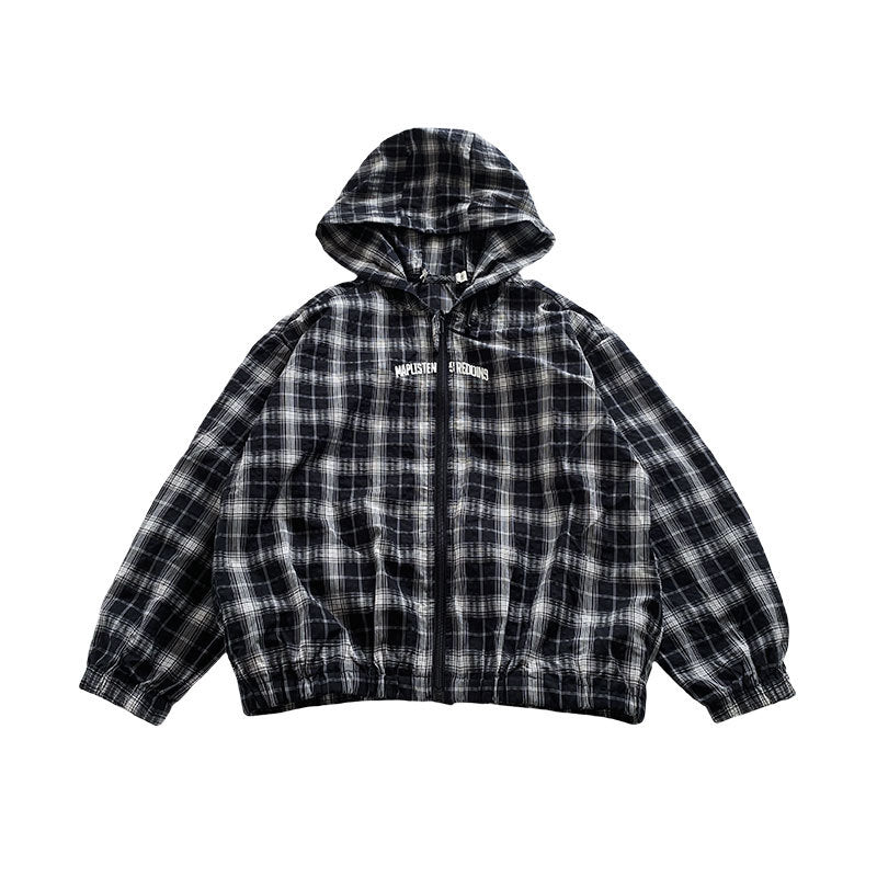 Mikoshi children's clothing children's autumn clothing boys' plaid jacket spring and autumn 2024 new boys' hooded casual tops