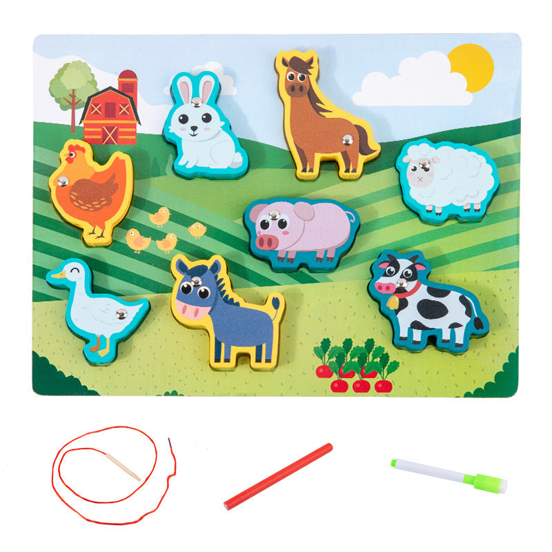 Children's wooden double-sided multifunctional pairing board threading rope drawing board children's fishing string jewelry educational toys