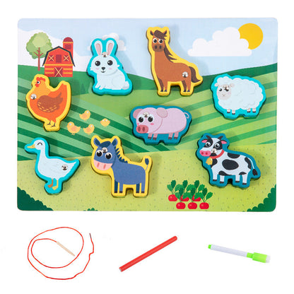 Children's wooden double-sided multifunctional pairing board threading rope drawing board children's fishing string jewelry educational toys