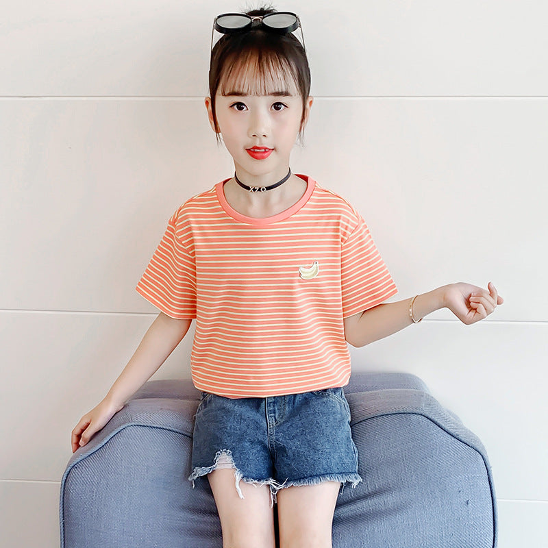 Girls short-sleeved T-shirt 2024 summer new striped embroidery cartoon fruit T-shirt stylish cotton stretch top