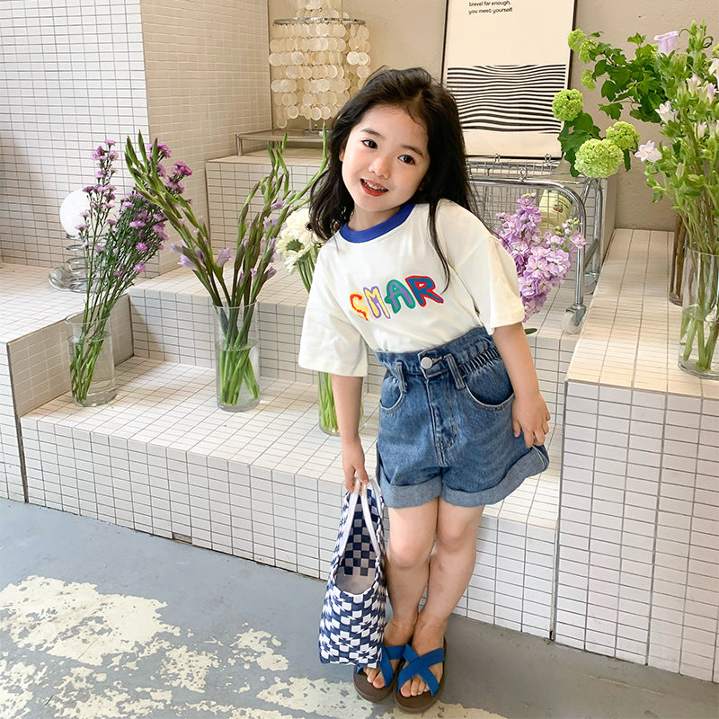 2024 summer new children's clothing boys and girls colorful letter short-sleeved T-shirts Korean version children's small and medium children's fashionable tops