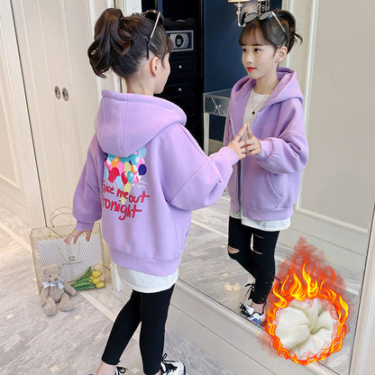 Girls 2024 winter spring and autumn new style big sweater cardigan hooded plus velvet thick warm primary school students kindergarten coat