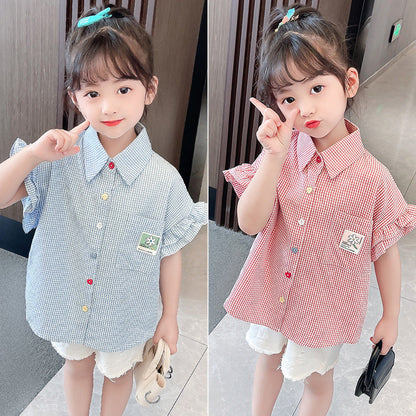 Girls summer shirt plaid fragrant style embroidery kindergarten primary school plaid lace wood ear edge cotton cloth net celebrity short sleeve