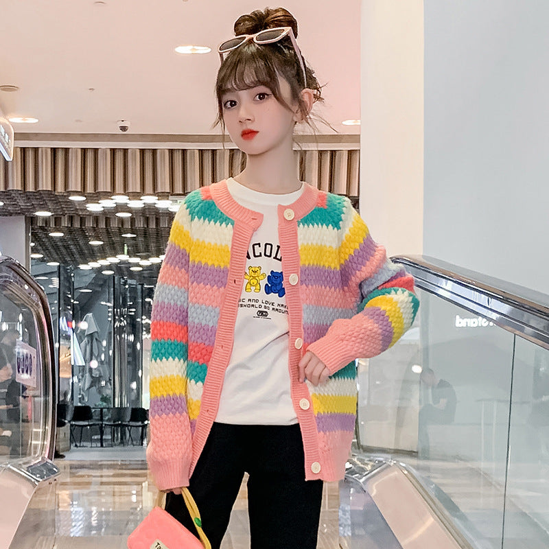 2024 autumn and winter girls cardigan sweater new rainbow knitted sweater for middle and large children loose Korean version with color