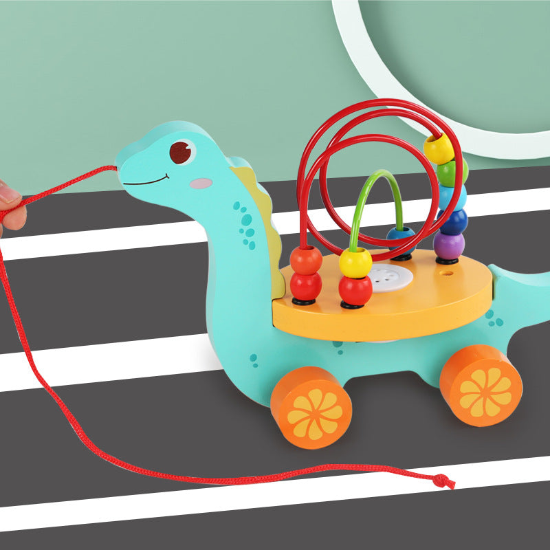 Early childhood education children's wooden kindergarten enlightenment pull rope animal music model drag car around beads matching educational toys