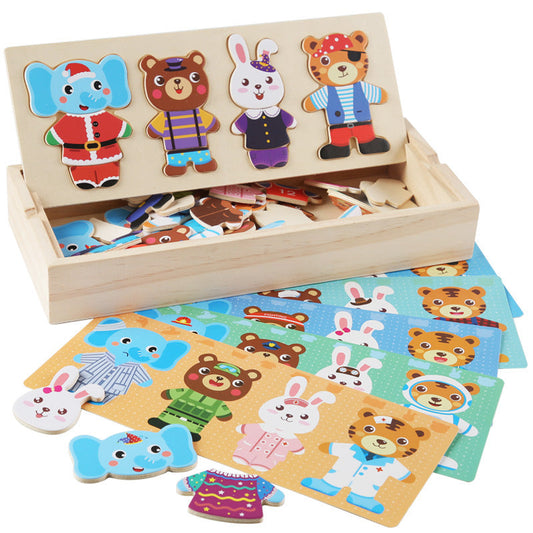 Children's wooden educational early childhood cartoon animal dress-up puzzle bear change clothes puzzle toys 