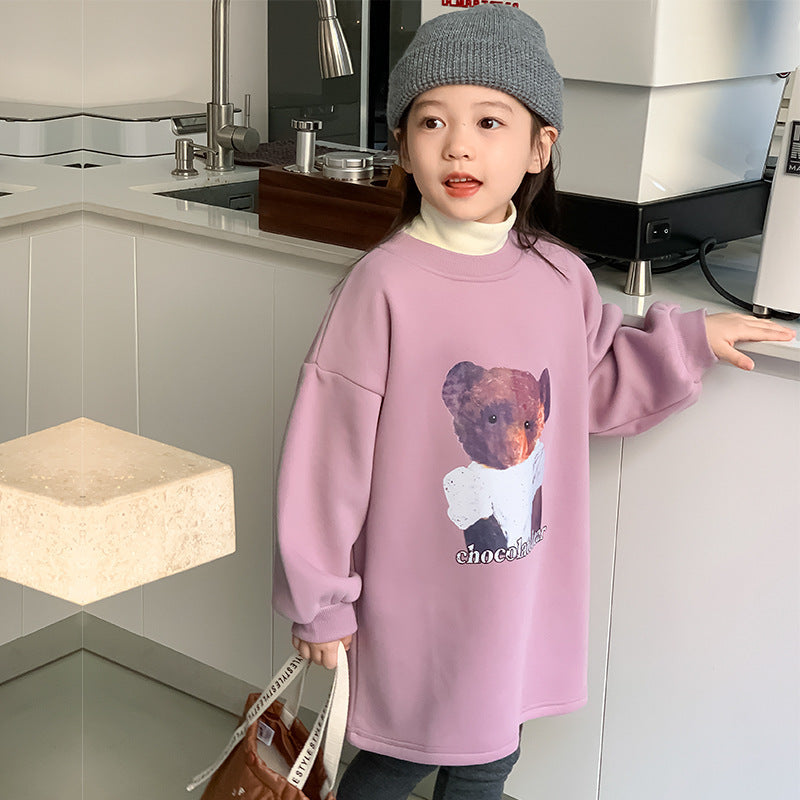 Korean children's clothing 2023 winter new children's velvet thickened sweater dress girls purple bear mid-length sweater