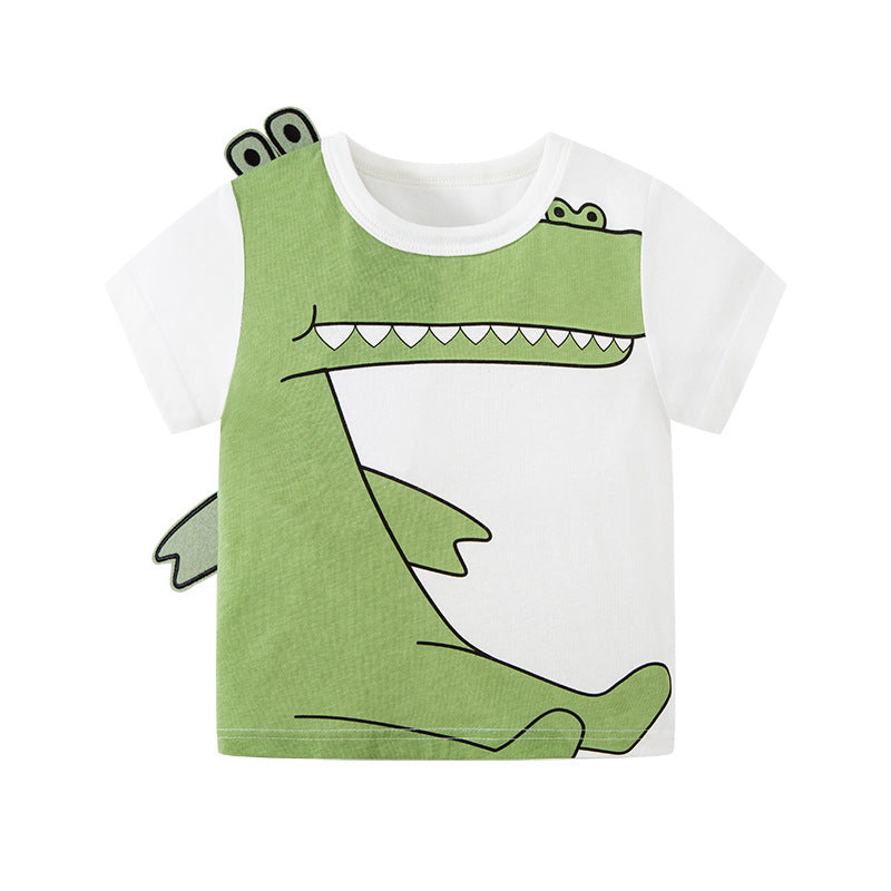 Cross-border children's clothing 2024 summer new children's baby cartoon three-dimensional round neck knitted printed tops short-sleeved T-shirt