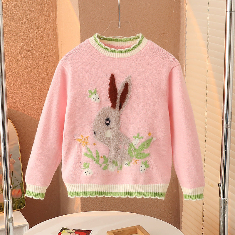 Winter girls baby cartoon bunny sweater fluffy sweater elastic children warm thick bottom outer wear trendy