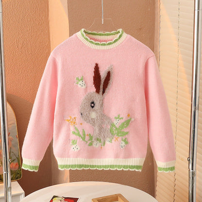 Winter girls baby cartoon bunny sweater fluffy sweater elastic children warm thick bottom outer wear trendy