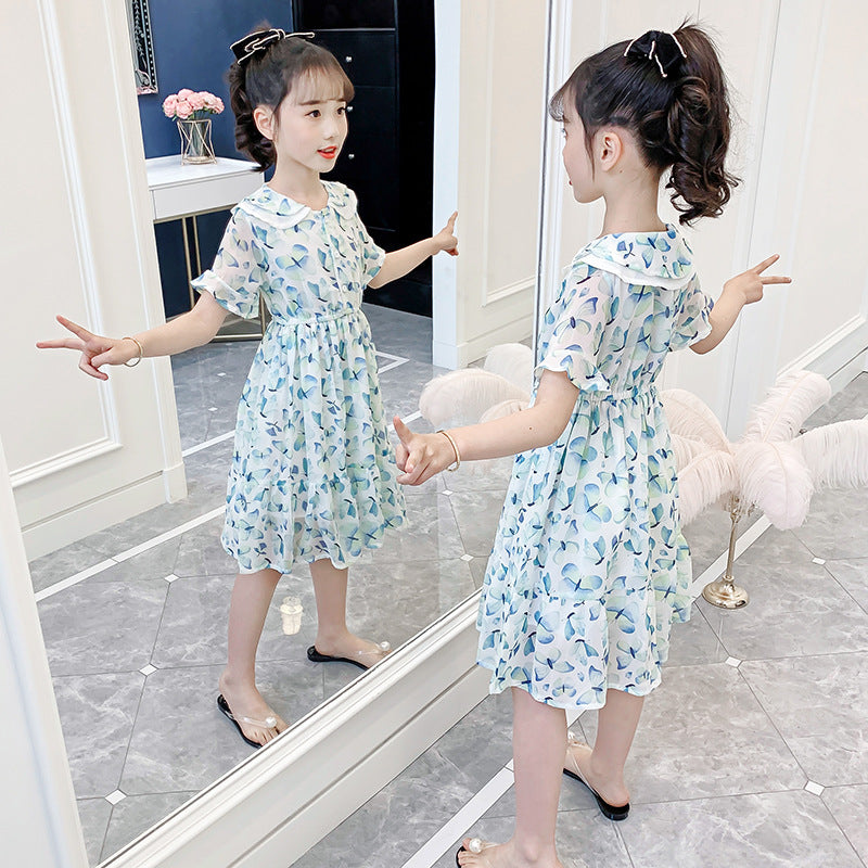 Girls chiffon dress 2024 summer new style doll collar butterfly print princess dress Bohemian holiday dress