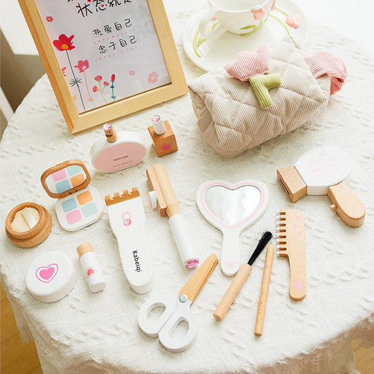 Children's wooden educational simulation girl makeup bag parent-child interactive love dressing table set pretend play toy