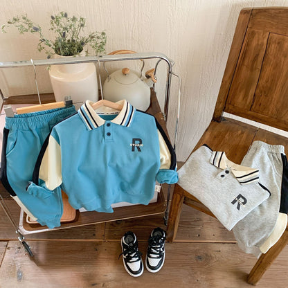 Children's suit 2024 Bangcheng spring new boy's color matching POLO collar suit casual two-piece suit trendy F0001