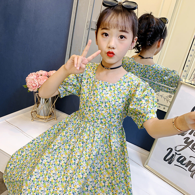 2024 Summer Girls French Sleeve New Dress Square Neck Floral Skirt Short Sleeve Pastoral Look Slim and Trendy