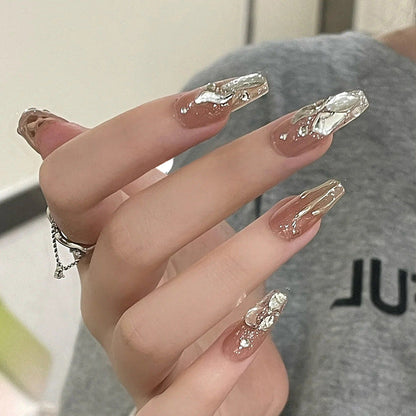 Internet celebrity hot-selling handmade wearable nails wholesale French short nail art patches nude color broken diamond finished nail pieces jelly glue