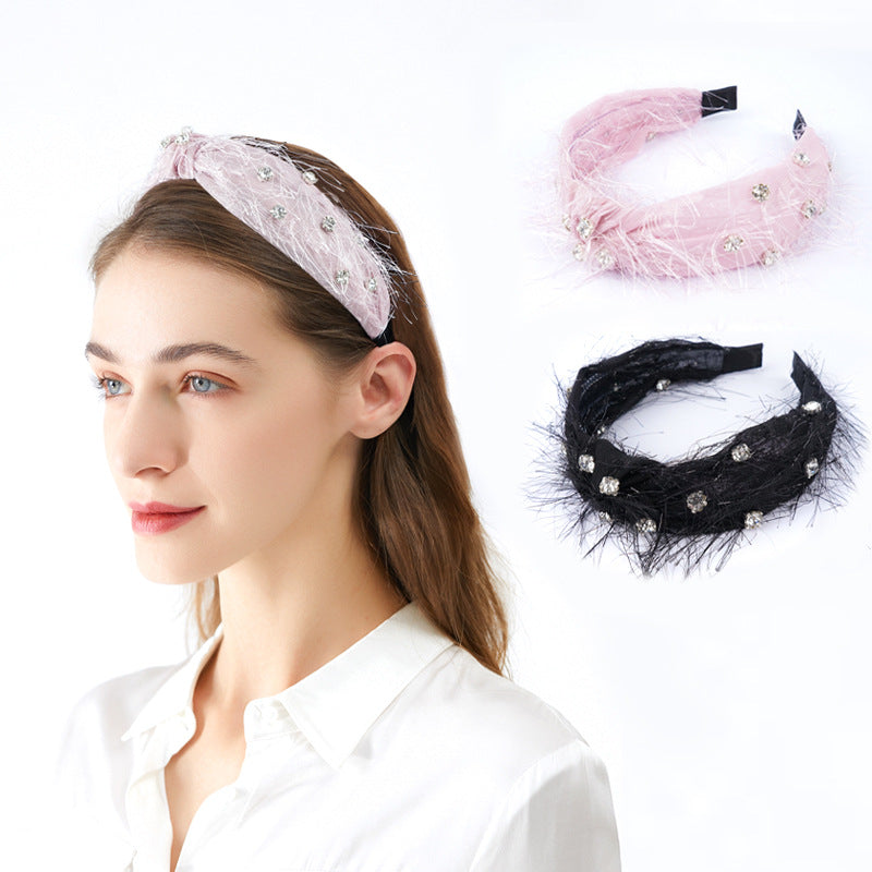 New French headband for women European and American ethnic style rhinestone knotted head buckle wide edge wool beard cloth tassel headband hair cave women