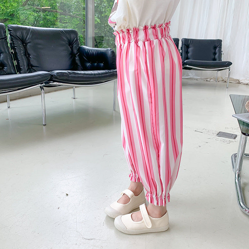 2024 summer new Korean version children's baby light breathable loose anti-mosquito pants girls casual vertical striped air-conditioning pants