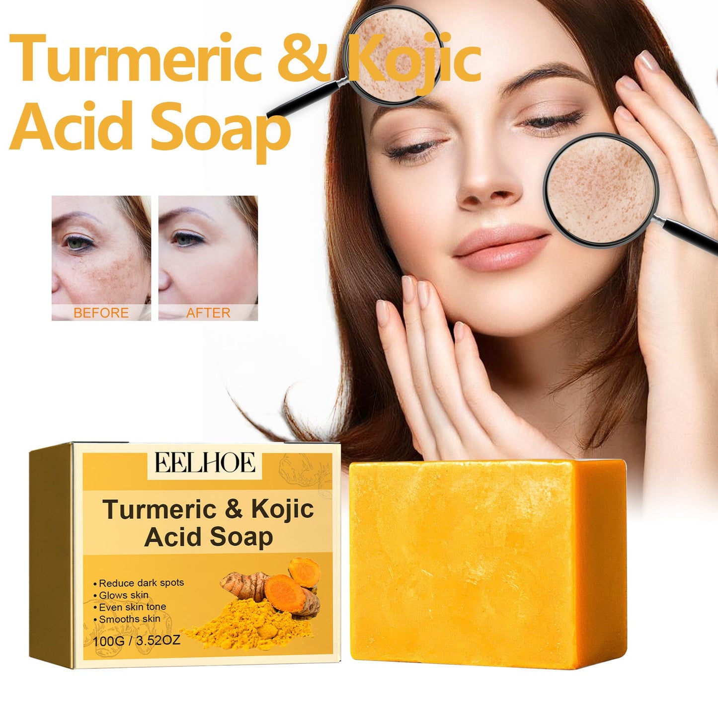 សាប៊ូ EELHOE Turmeric Kojic Acid Soap លាងសម្អាតមុខថ្នមៗ បំបាត់ស្នាមអុចខ្មៅ ធ្វើអោយស្បែកភ្លឺថ្លា ផ្តល់សំណើម និងធ្វើអោយស្បែកស 