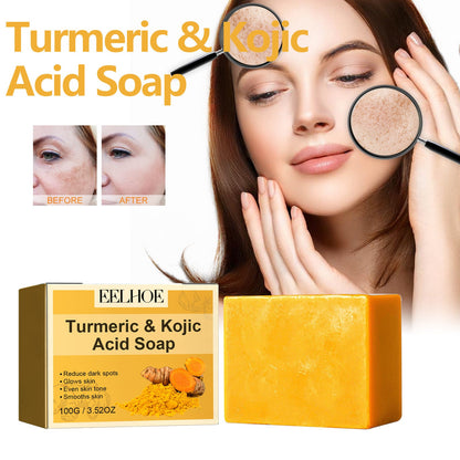 EELHOE turmeric kojic acid soap gently cleanses the face, fades spots, brightens skin tone, moisturizes and evens out skin tone 