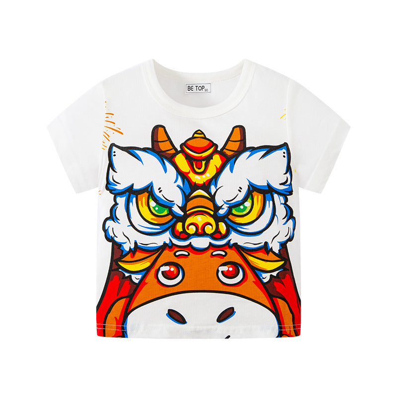 Children's clothing new Chinese style lion dance koi lucky cat print children's short-sleeved stylish T-shirt festive New Year top