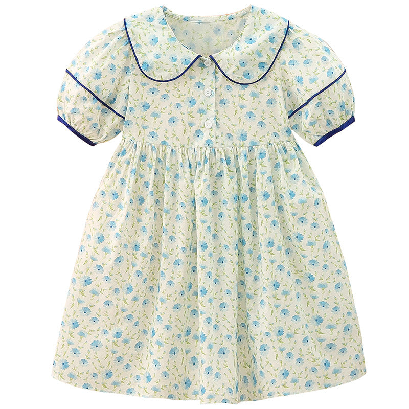 Girls summer cotton dress floral dress cotton princess dress puff sleeve blue middle and large children's pastoral style long dress